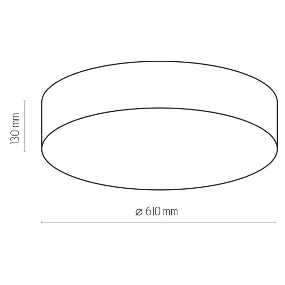 Schematyczny rysunek plafonu sufitowego o cylindrycznym kształcie. Wymiary: wysokość 130 mm, średnica 610 mm.