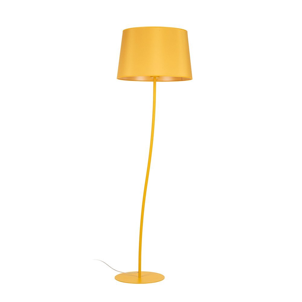 Żółta lampa podłogowa z metalowym stelażem i abażurem. Lampa posiada okrągłą podstawę i prosty przewód zasilający.