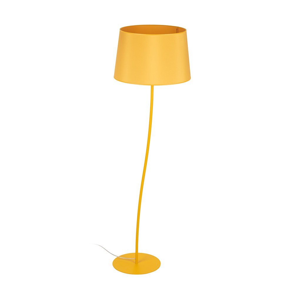 Żółta lampa podłogowa z metalowym stelażem i abażurem. Lampa posiada okrągłą podstawę i prosty, smukły kształt.