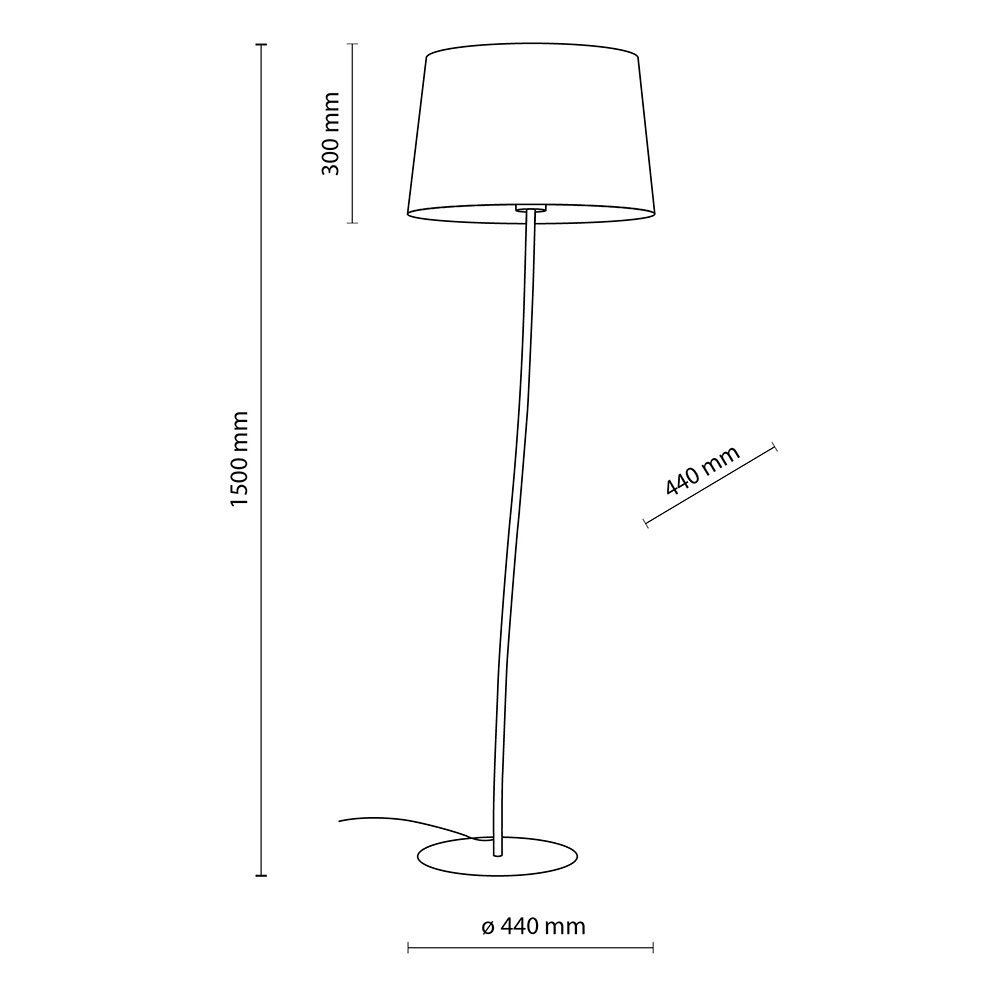 Schematyczny rysunek lampy podłogowej z abażurem o średnicy 440 mm i wysokości 1500 mm. Wymiary abażuru to 300 mm wysokości.