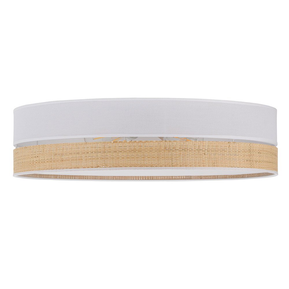 Lampa sufitowa o cylindrycznym kształcie, z białym i rattanowym wykończeniem. Składa się z dwóch poziomych pasów, górny biały i dolny z naturalnego materiału.