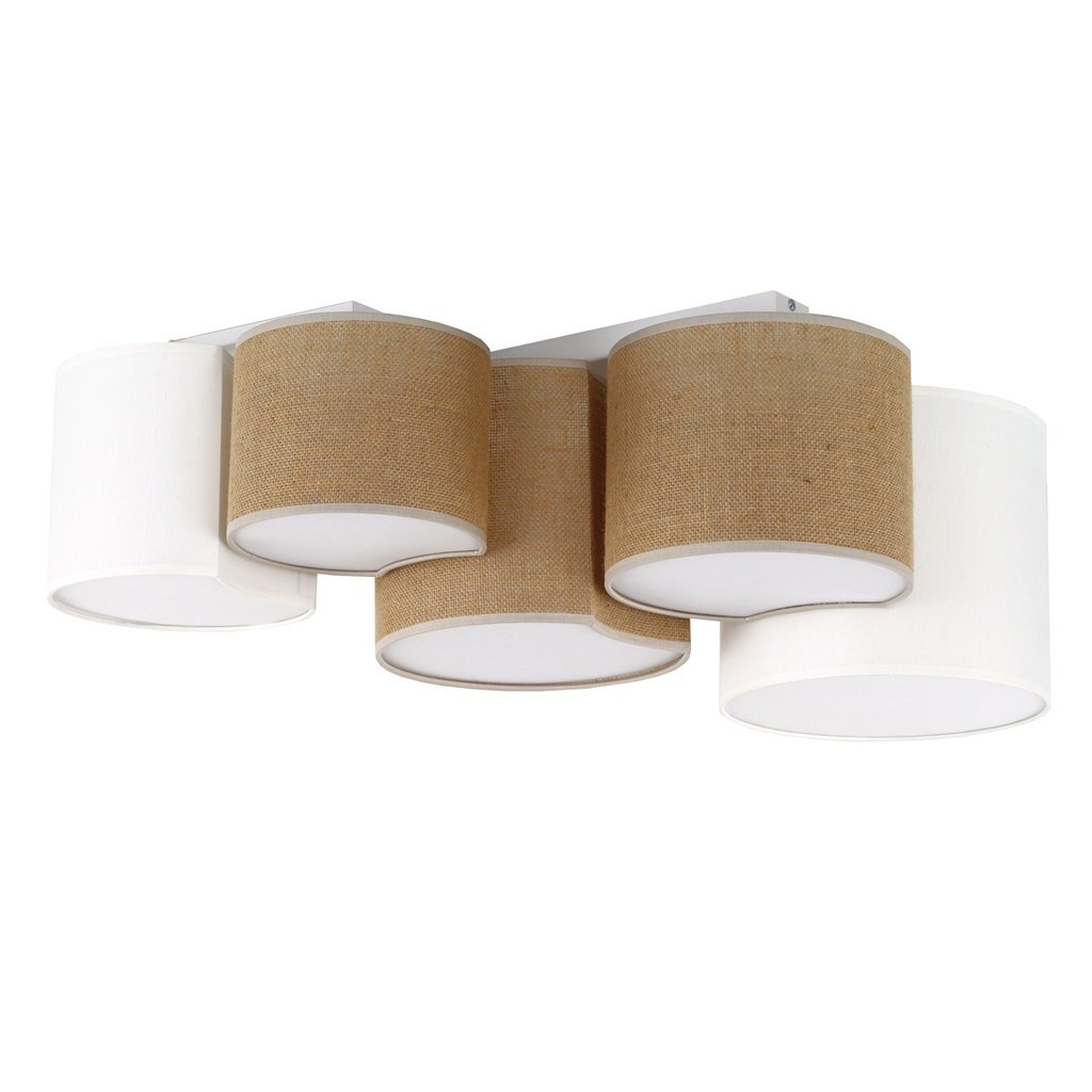 Lampa sufitowa z pięcioma cylindrycznymi kloszami, naprzemiennie w kolorze białym i brązowym z jutą. Klosze są zamontowane na prostokątnej podstawie.