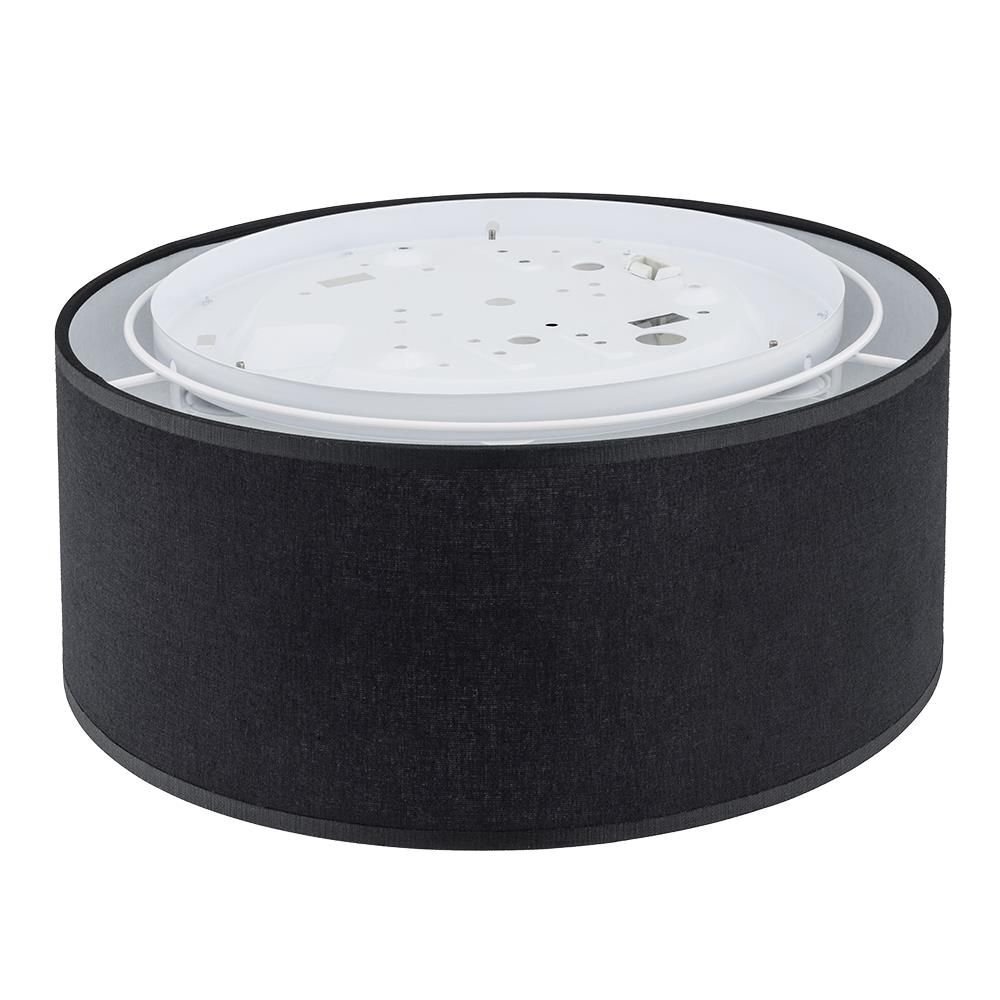 Czarny plafon sufitowy o cylindrycznym kształcie z białym wnętrzem. Wykonany z tkaniny i metalu, posiada otwory montażowe na górnej części.