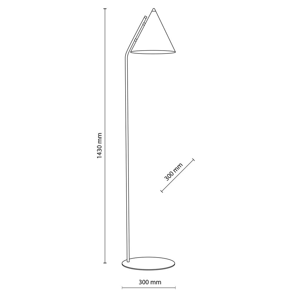 Schematyczny rysunek lampy podłogowej z kloszem w kształcie stożka. Wymiary: wysokość 1430 mm, średnica podstawy 300 mm, długość klosza 300 mm.