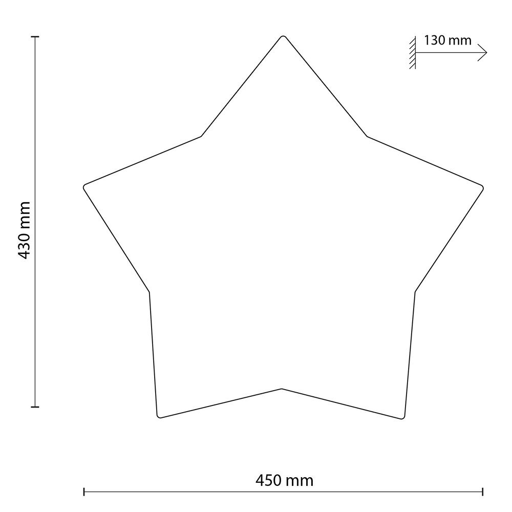 Schemat przedstawia kontur pięcioramiennej gwiazdy z wymiarami: 430 mm wysokości, 450 mm szerokości i 130 mm głębokości.