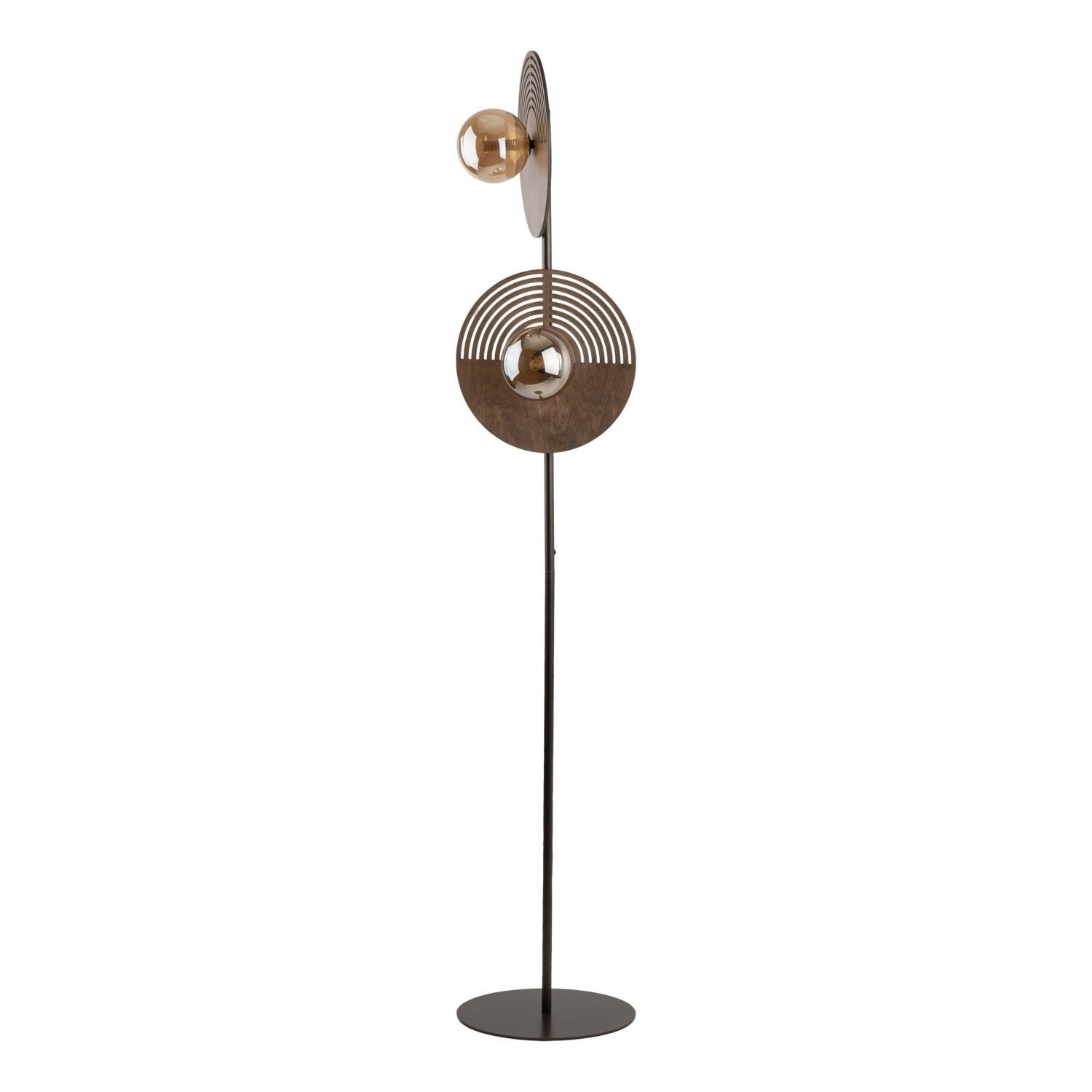 Lampa podłogowa o nowoczesnym designie z metalowym stelażem i okrągłymi elementami dekoracyjnymi w kolorze brązowym. Posiada dwa źródła światła umieszczone na różnych wysokościach.