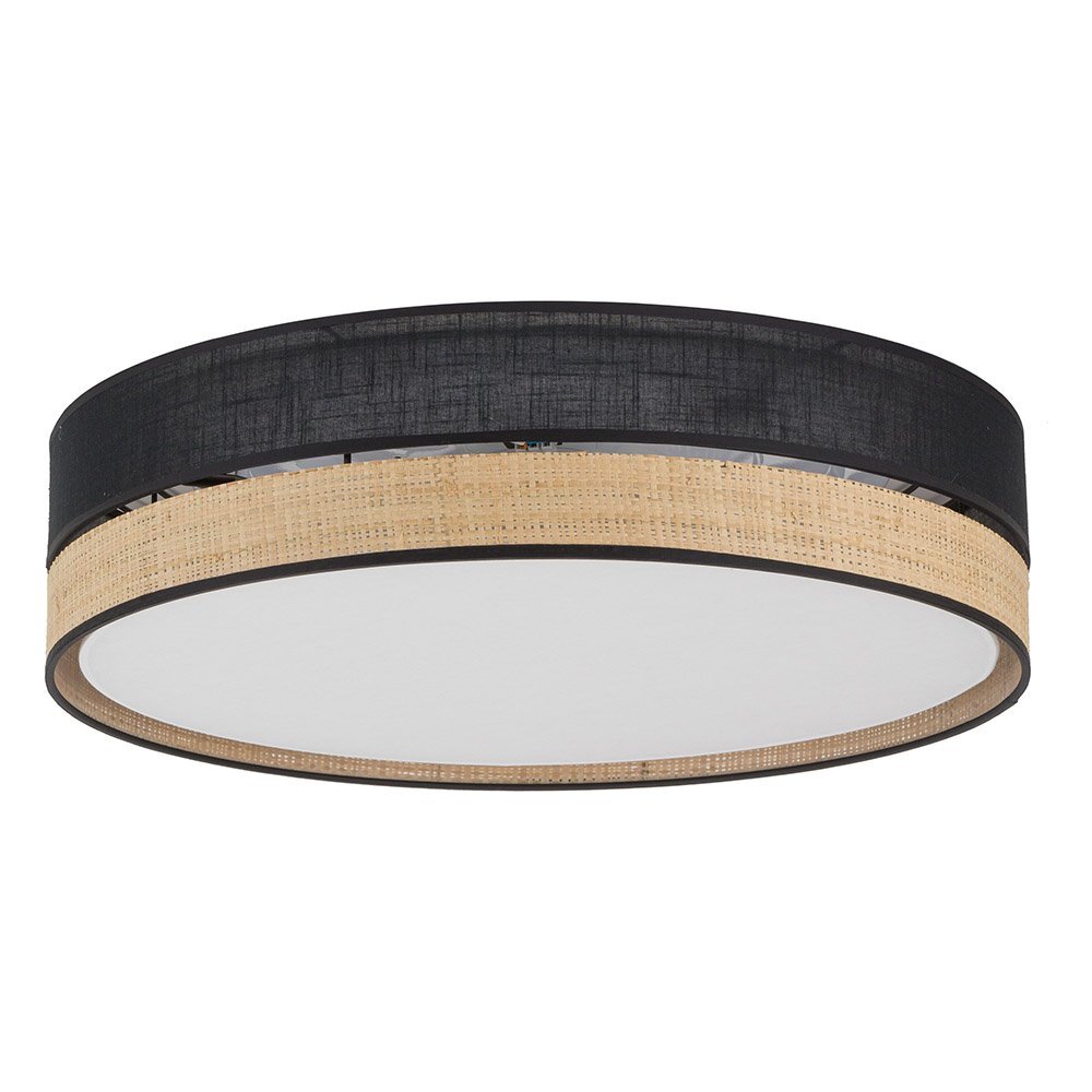 Lampa sufitowa o okrągłym kształcie z czarnym i rattanowym wykończeniem. Posiada biały klosz wewnętrzny.