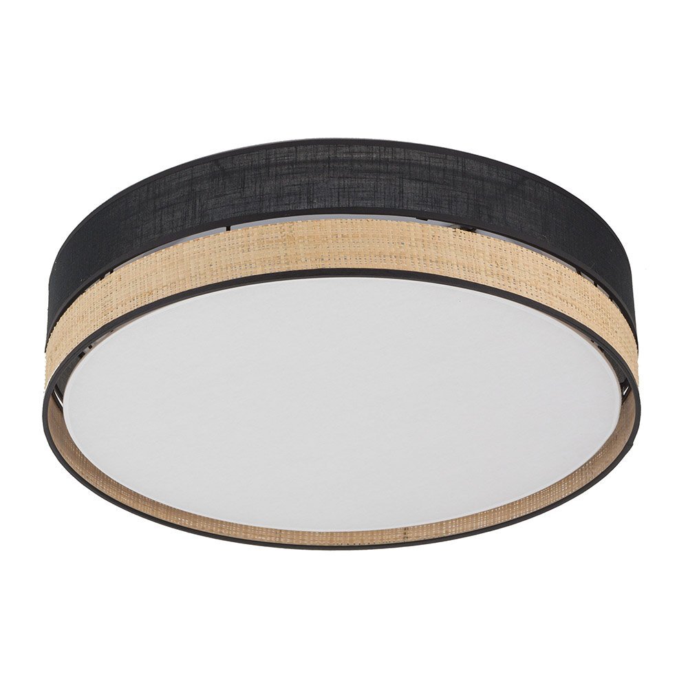 Okrągła lampa sufitowa z czarnym i rattanowym wykończeniem, z białym kloszem. Lampa ma prosty, nowoczesny design.
