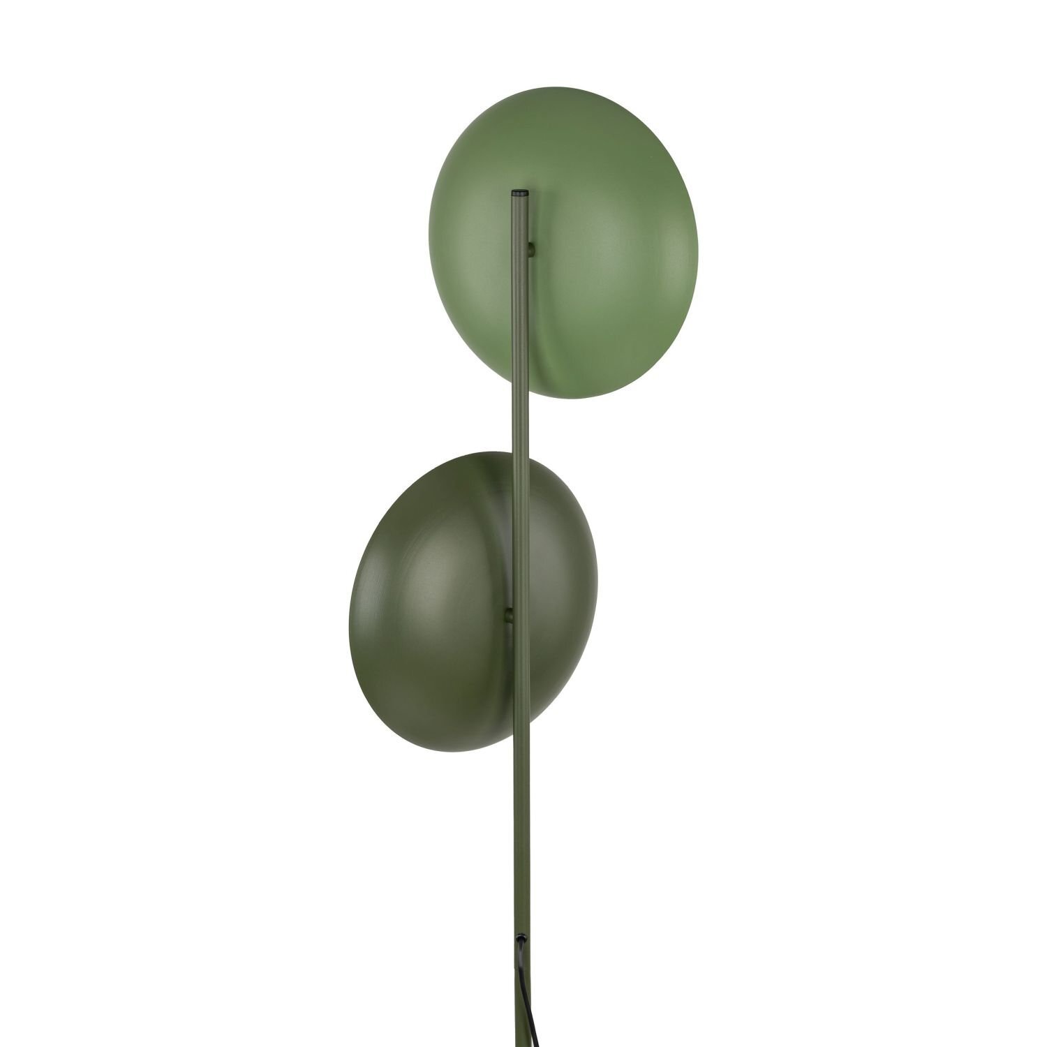 Lampa podłogowa z dwoma okrągłymi, zielonymi kloszami zamontowanymi na metalowym stelażu. Klosze mają matowe wykończenie i są umieszczone jeden nad drugim.