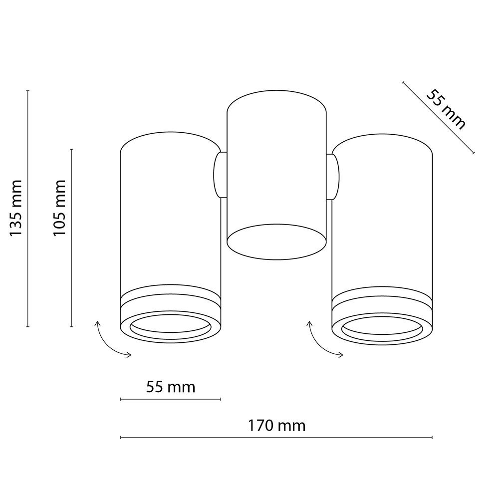 Schematyczny rysunek reflektora sufitowego z trzema cylindrycznymi elementami, z wymiarami: 135 mm, 105 mm, 55 mm i 170 mm. Strzałki wskazują możliwość regulacji kierunku światła.