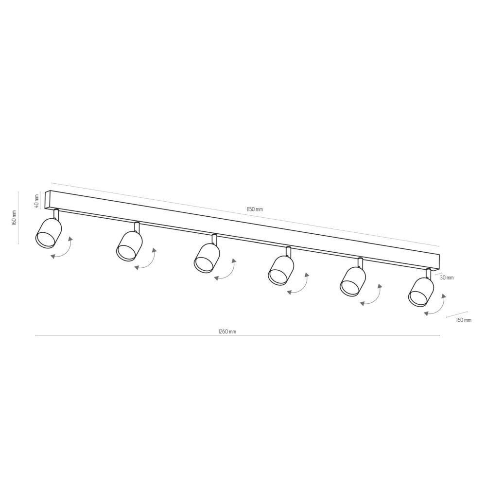 Schemat lampy sufitowej z sześcioma regulowanymi reflektorami. Wymiary: 1260 mm długości, 150 mm szerokości, 160 mm wysokości.