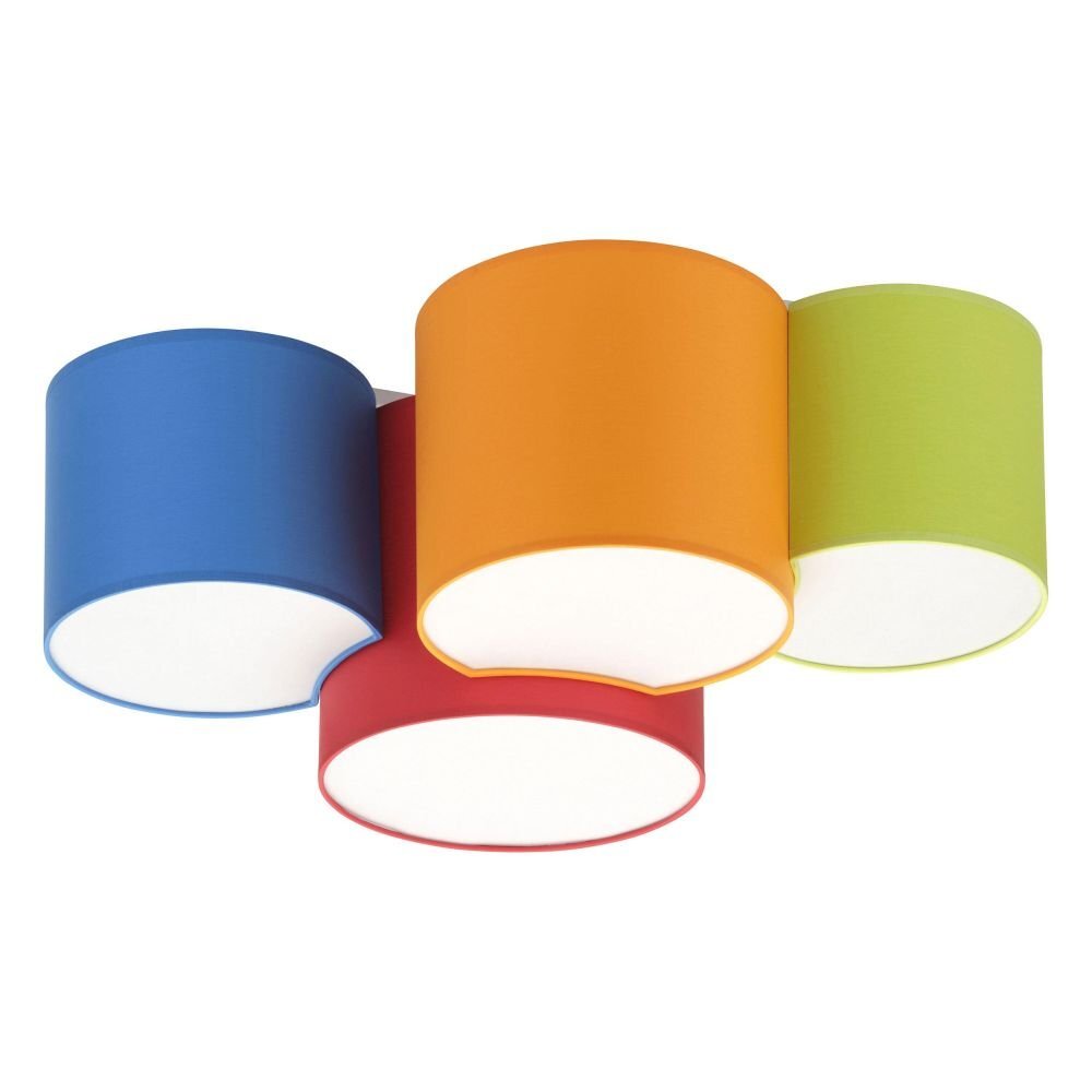 Lampa sufitowa z czterema cylindrycznymi kloszami w kolorach niebieskim, pomarańczowym, czerwonym i zielonym. Klosze są umieszczone blisko siebie, tworząc kolorowy wzór.