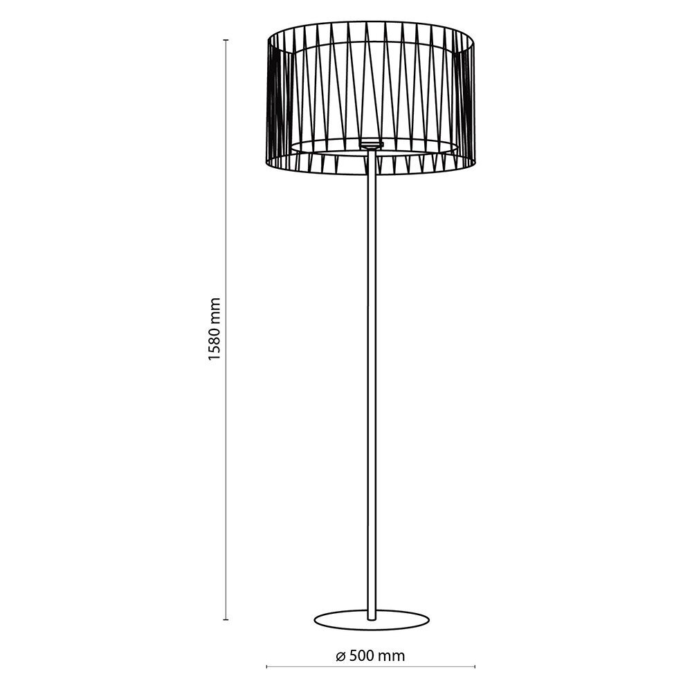 Schematyczny rysunek lampy podłogowej z cylindrycznym abażurem o średnicy 500 mm i wysokości 1580 mm. Abażur ma ażurową konstrukcję, a lampa stoi na okrągłej podstawie.