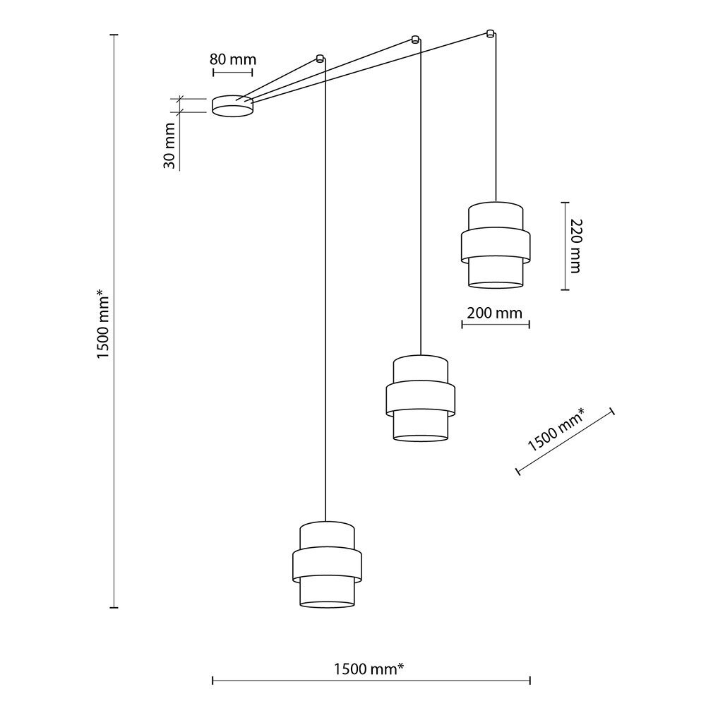 Schemat lampy sufitowej z trzema wiszącymi kloszami, każdy o wysokości 220 mm i średnicy 200 mm. Wymiary całkowite to 1500 mm wysokości i 1500 mm szerokości, z zaznaczonymi odległościami montażowymi 80 mm i 30 mm.
