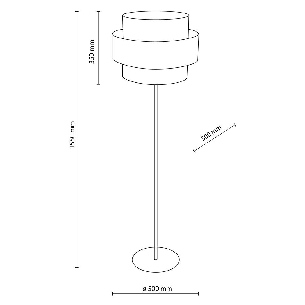 Schematyczny rysunek lampy podłogowej z wymiarami: wysokość 1550 mm, średnica abażuru 500 mm, wysokość abażuru 350 mm. Lampa ma okrągłą podstawę i prosty trzon.