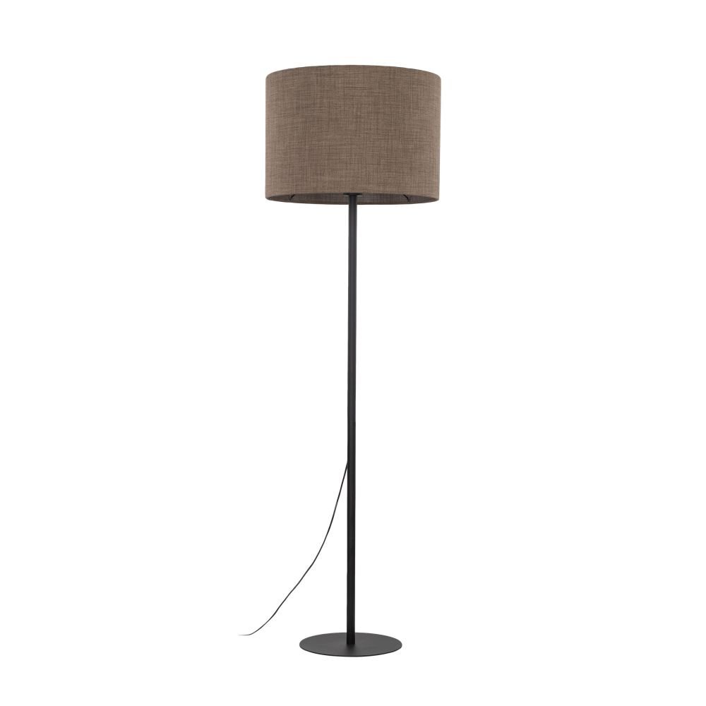 Lampa podłogowa z czarną podstawą i brązowym abażurem. Kabel zasilający widoczny jest przy podstawie lampy.