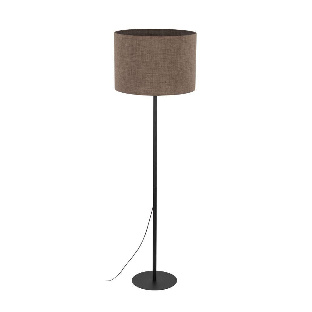Lampa podłogowa z czarną podstawą i brązowym abażurem w kształcie walca. Kabel zasilający widoczny jest przy podstawie lampy.