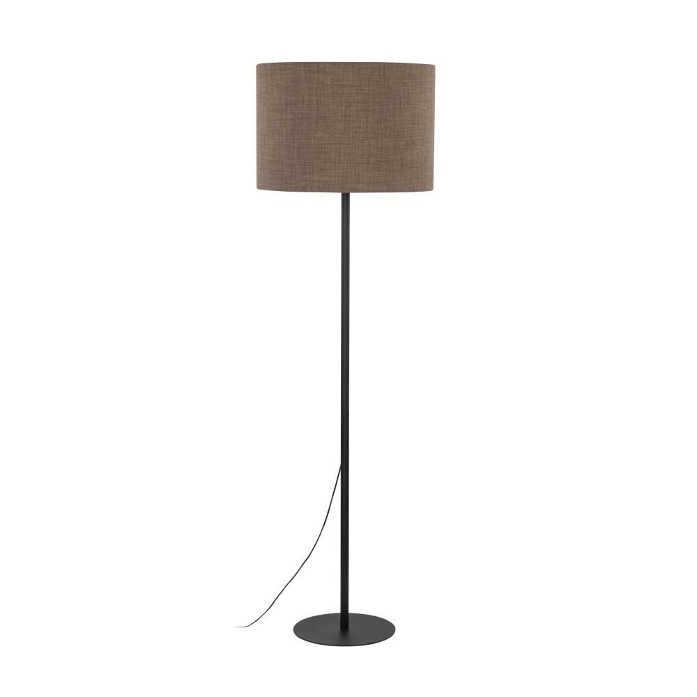 Czarno-brązowa lampa podłogowa z cylindrycznym abażurem i prostą, smukłą podstawą. Kabel zasilający widoczny jest przy podstawie lampy.
