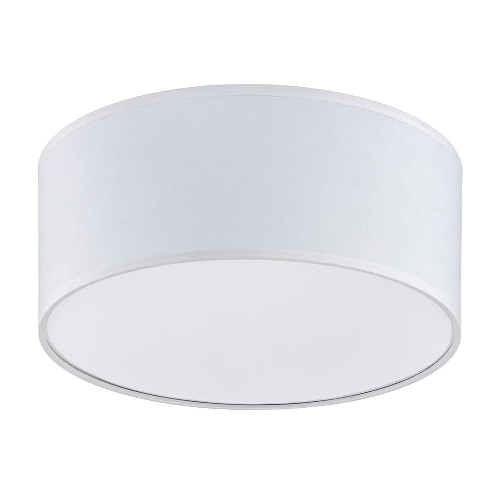 Biała, cylindryczna lampa sufitowa z gładkim wykończeniem. Przeznaczona do montażu w salonie lub sypialni.