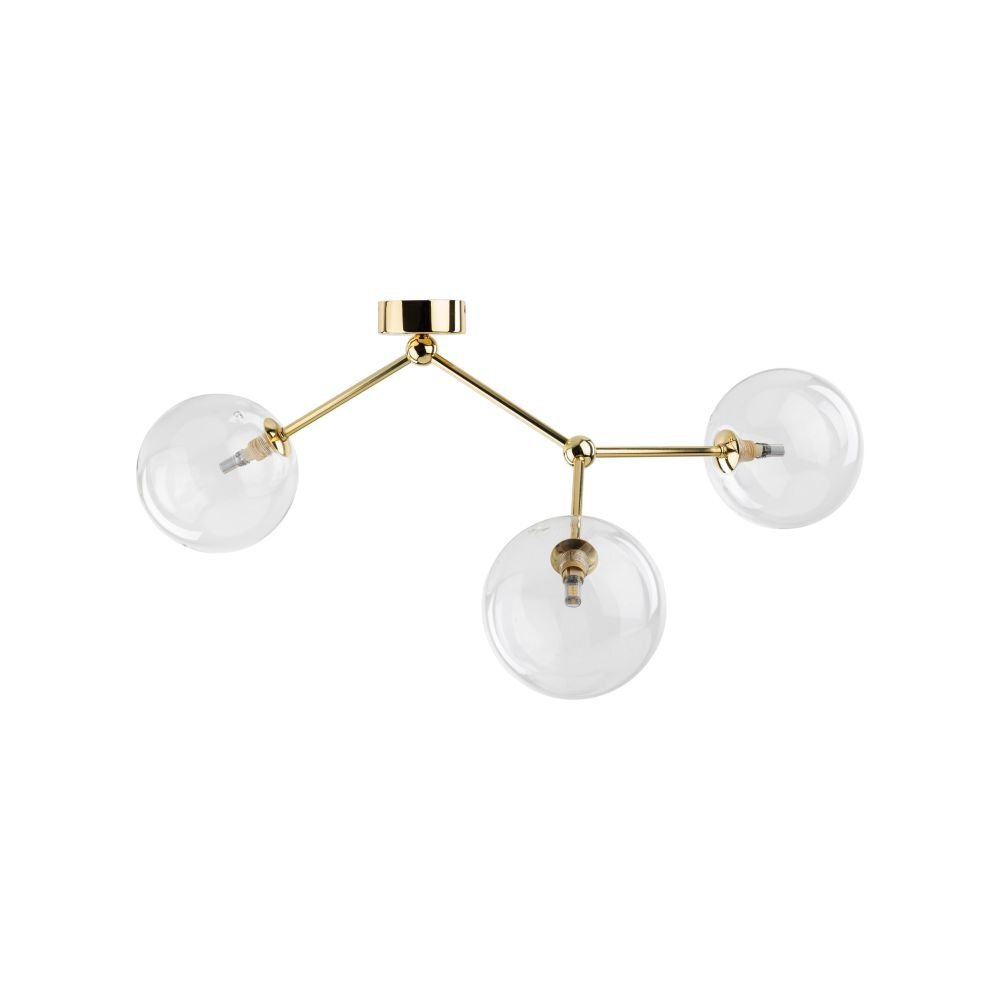 Złota lampa sufitowa z trzema przezroczystymi kloszami w kształcie kul, zamontowana na metalowej konstrukcji. Każdy klosz zawiera miejsce na żarówkę typu G9.