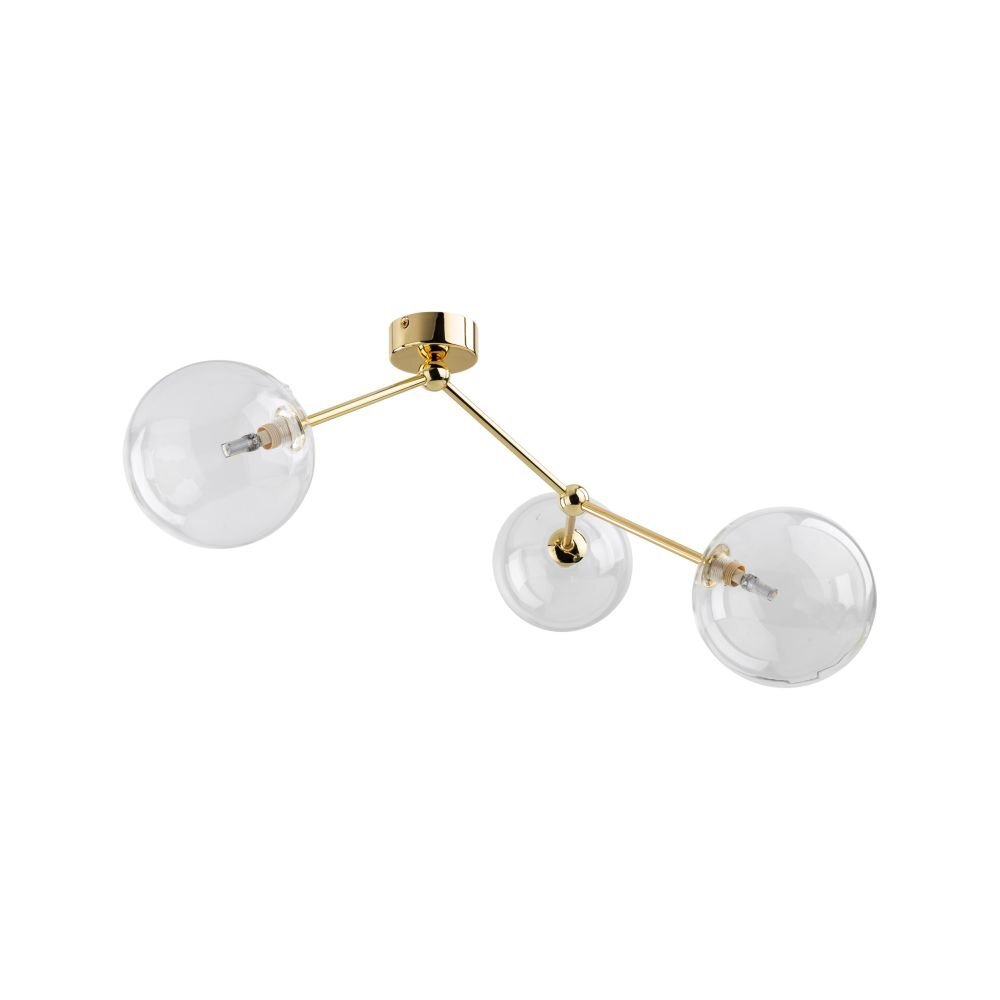 Złota lampa sufitowa z trzema przezroczystymi kloszami w kształcie kul. Klosze są zamocowane na metalowych ramionach, które łączą się w centralnym punkcie przy suficie.