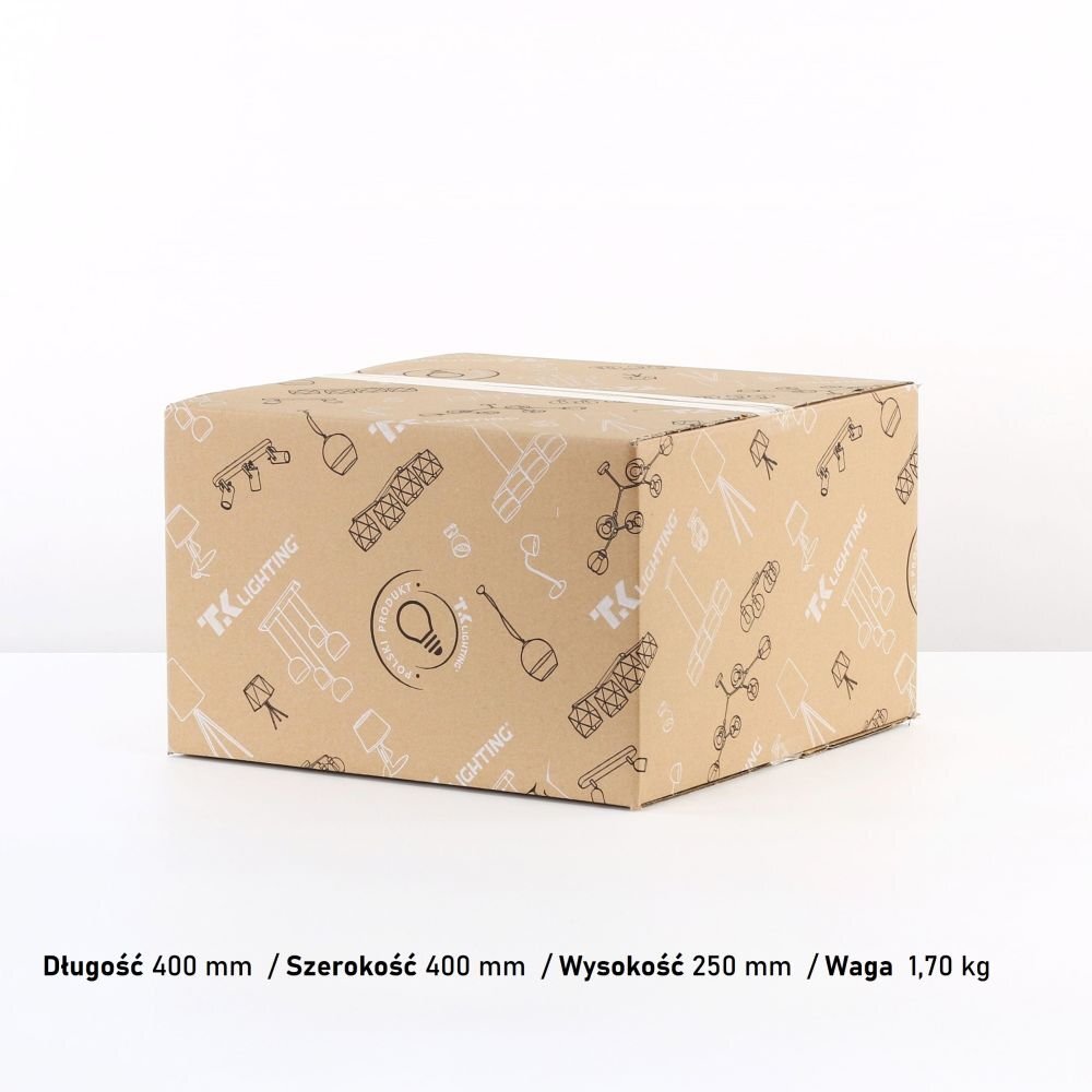 Kartonowe pudełko z nadrukiem TK Lighting oraz grafikami lamp. Tekst: \'Długość 400 mm / Szerokość 400 mm / Wysokość 250 mm / Waga 1,70 kg\'.