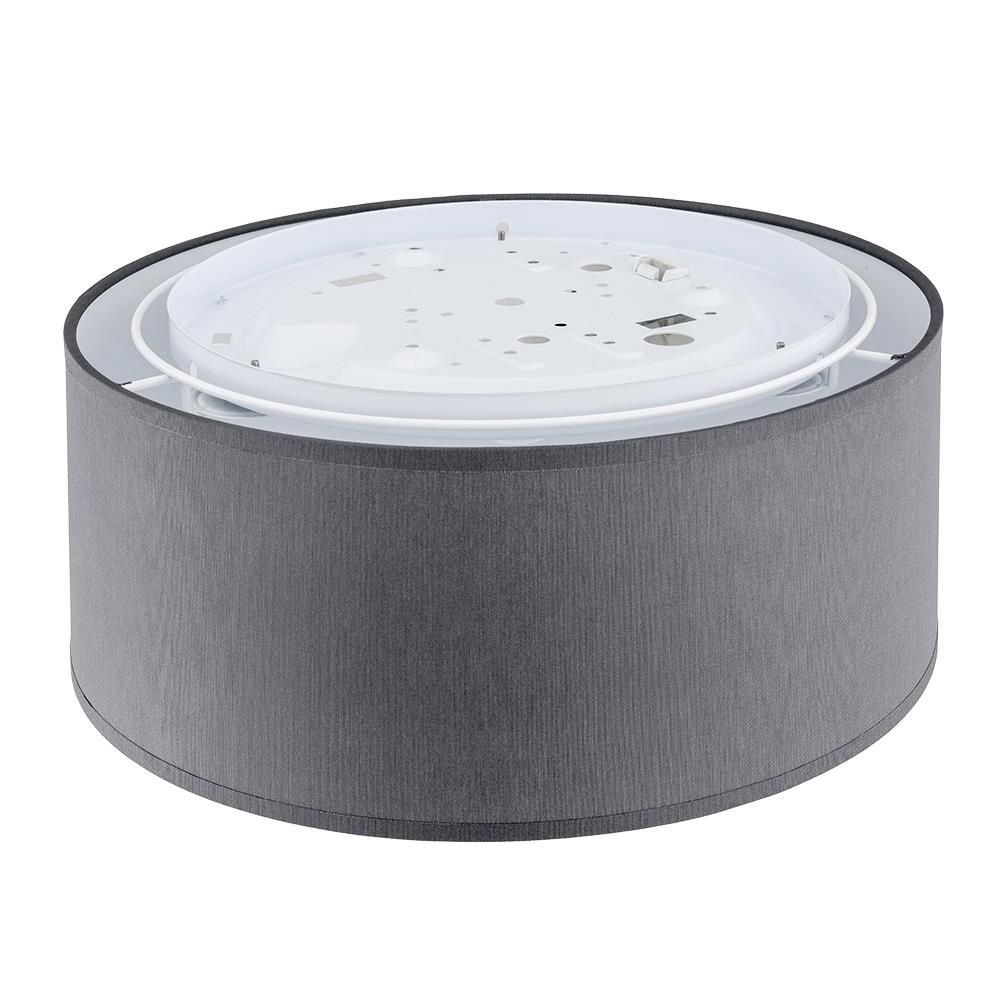 Szaro-biały plafon sufitowy o cylindrycznym kształcie z widoczną metalową konstrukcją wewnętrzną. Produkt ma prosty, nowoczesny design.