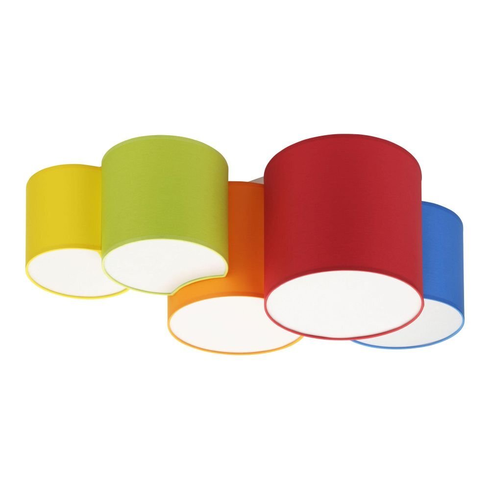 Lampa sufitowa z pięcioma cylindrycznymi kloszami w kolorach: żółtym, zielonym, pomarańczowym, czerwonym i niebieskim. Klosze są umieszczone blisko siebie, tworząc kolorowy wzór.