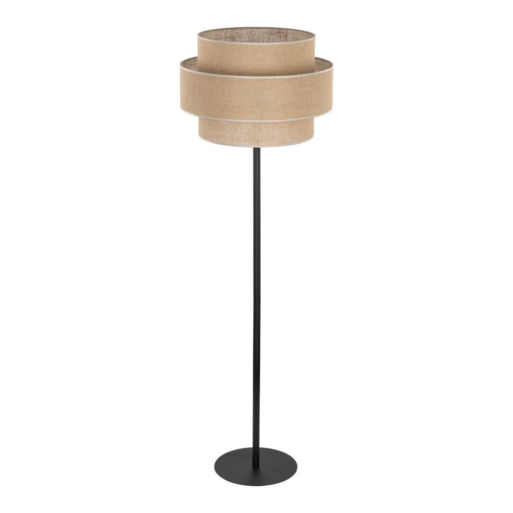 Czarna lampa podłogowa z prostym, smukłym stojakiem i okrągłą podstawą. Abażur wykonany z jutowego materiału, ma cylindryczny kształt z dwoma poziomymi pasami.