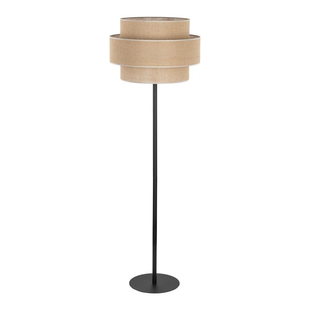 Czarna lampa podłogowa z jutowym abażurem w kształcie walca, umieszczona na prostym, metalowym stojaku z okrągłą podstawą. Abażur składa się z dwóch warstw, tworząc efektowny, nowoczesny wygląd.