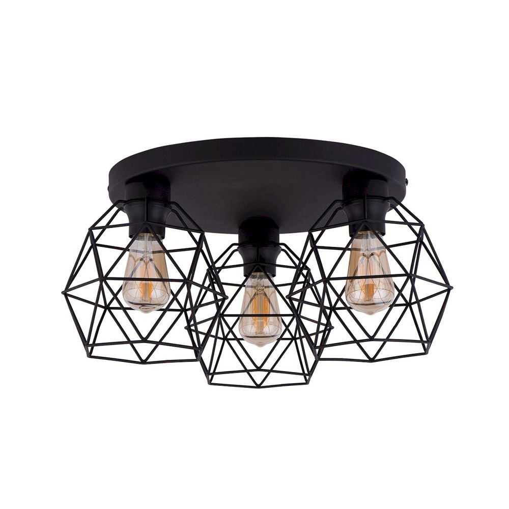 Czarna lampa sufitowa z trzema żarówkami w metalowych, geometrycznych kloszach. Konstrukcja jest nowoczesna i wykonana z metalu.