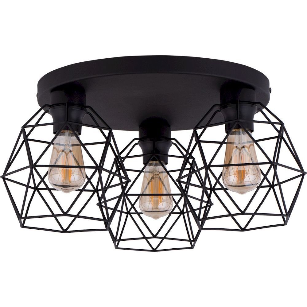 Czarna lampa sufitowa z trzema żarówkami w metalowych, geometrycznych kloszach. Konstrukcja jest nowoczesna i wykonana z metalu.