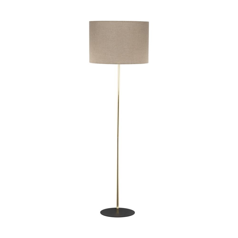 Lampa podłogowa z lnianym abażurem w kolorze beżowym, osadzona na smukłej, złotej nodze z okrągłą, czarną podstawą.
