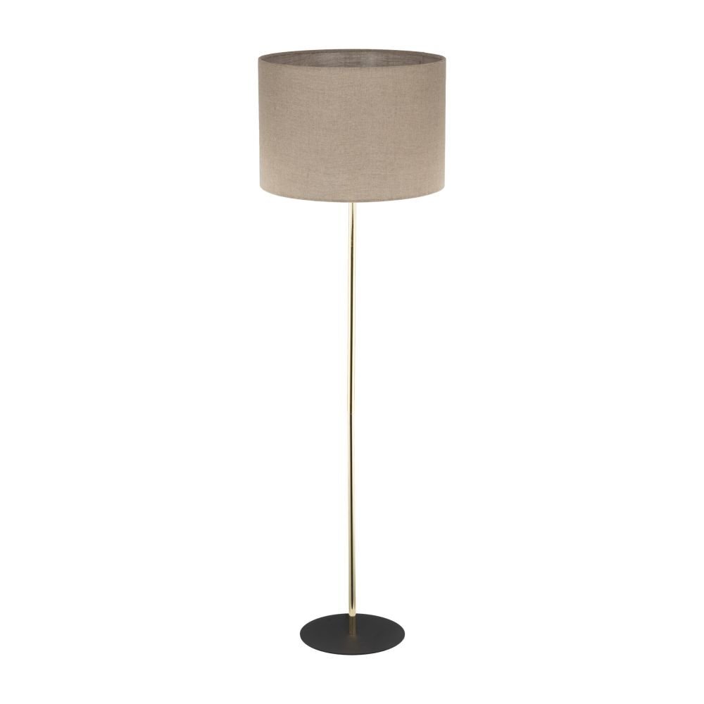 Lampa podłogowa z lnianym abażurem w kolorze beżowym, na złotej nodze z czarną, okrągłą podstawą.