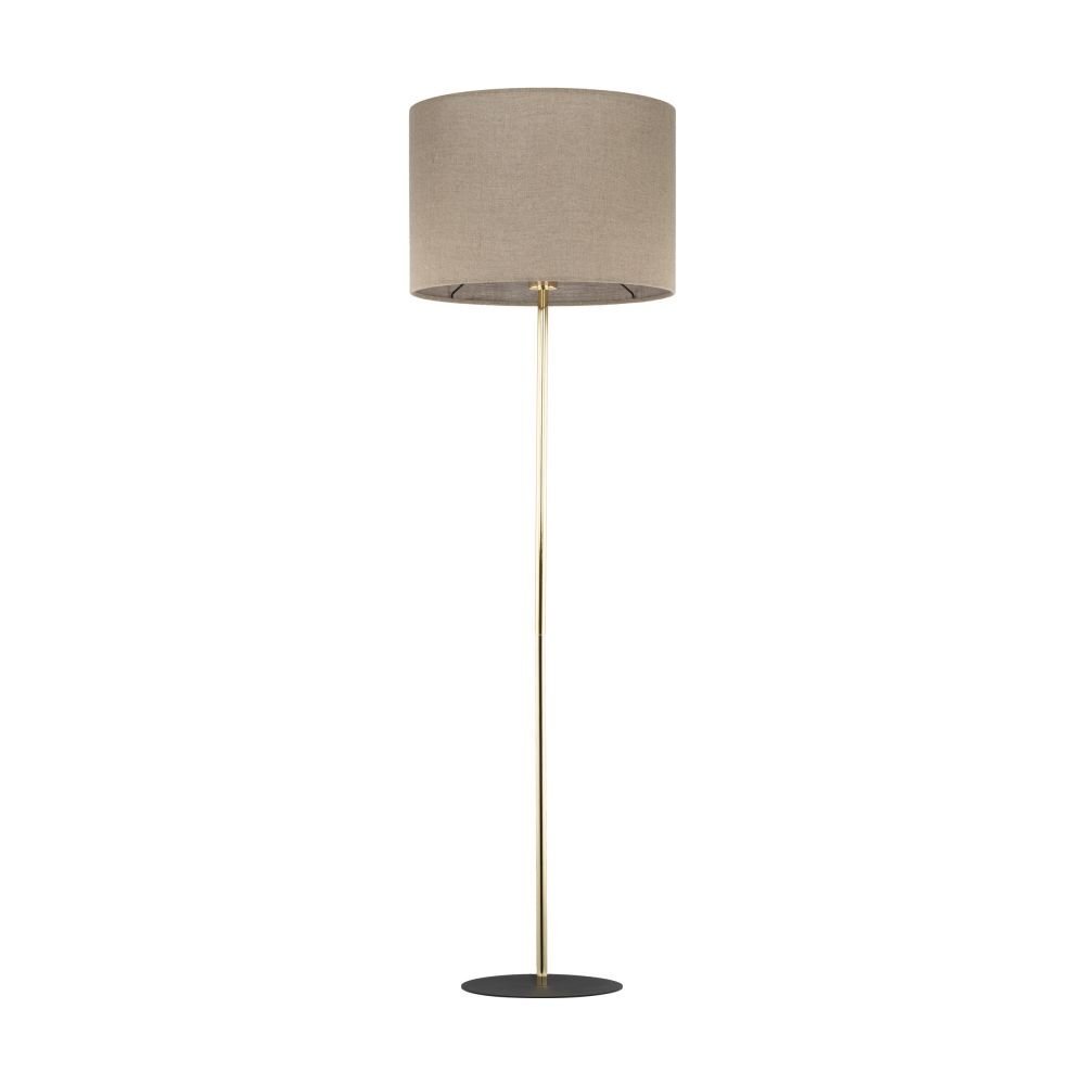 Lampa podłogowa z lnianym abażurem w kolorze beżowym, osadzona na smukłej, złotej nodze z okrągłą, czarną podstawą.