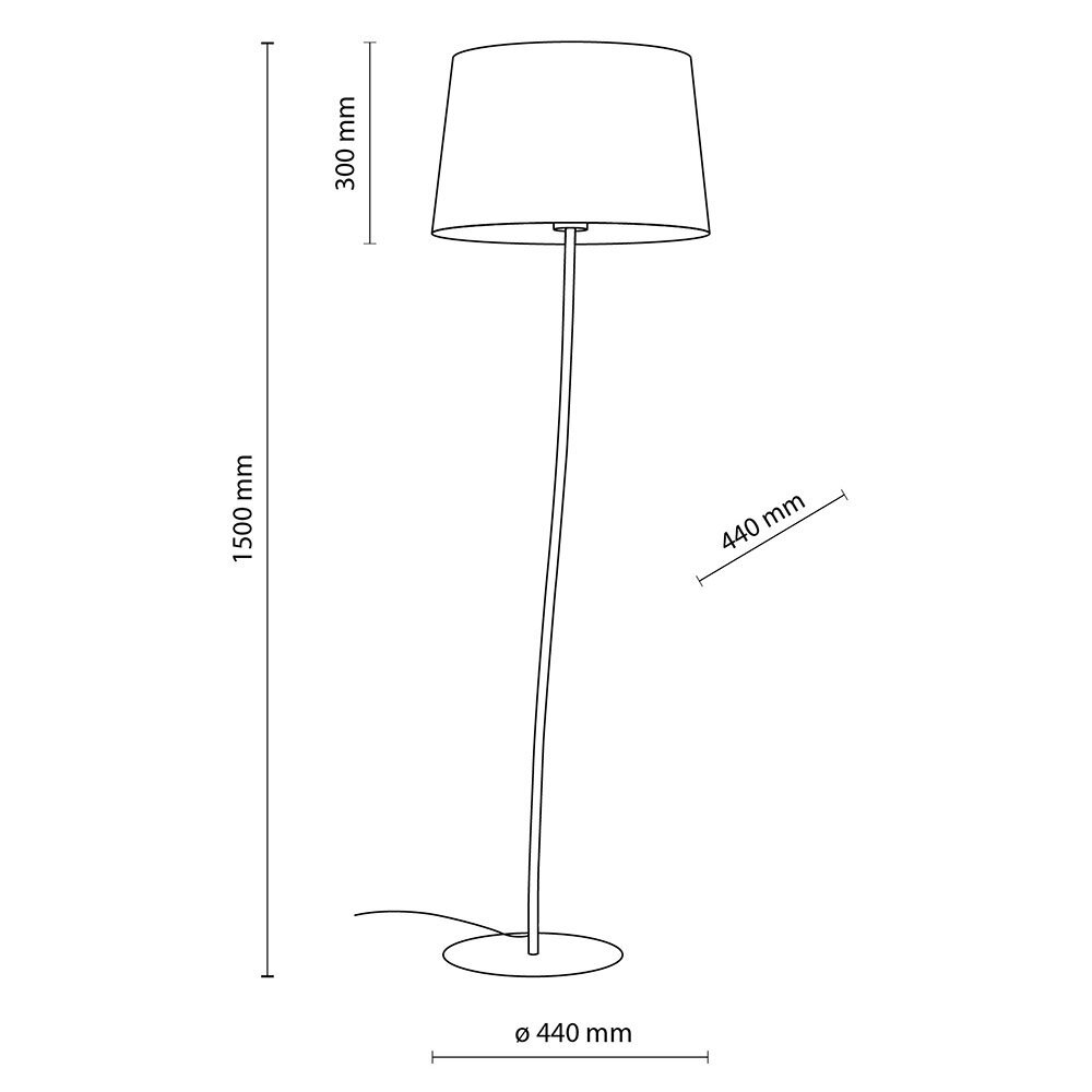 Schematyczny rysunek lampy podłogowej z abażurem o średnicy 440 mm i wysokości 300 mm. Całkowita wysokość lampy wynosi 1500 mm.