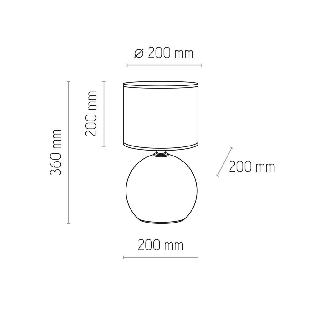Schemat lampy stołowej z okrągłą podstawą i cylindrycznym abażurem. Wymiary: wysokość 360 mm, średnica abażura 200 mm, wysokość abażura 200 mm, średnica podstawy 200 mm.
