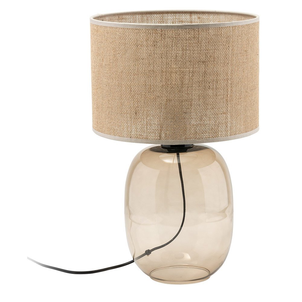 Lampa stołowa z bursztynowego szkła z abażurem wykonanym z jutowego materiału. Przewód zasilający widoczny jest wewnątrz szklanego korpusu.