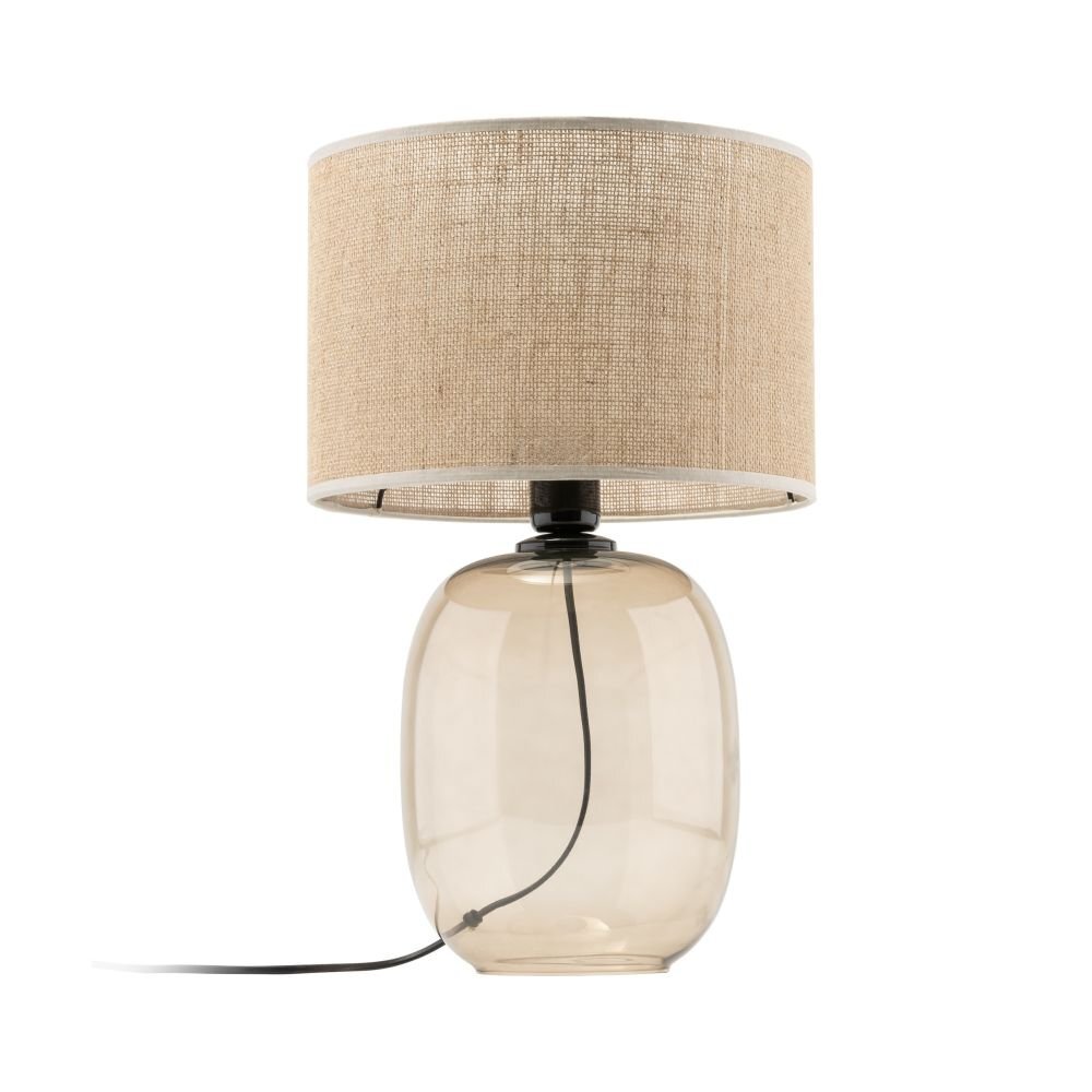 Lampa stołowa z bursztynowego szkła z abażurem wykonanym z jutowego materiału. Posiada czarny przewód zasilający.