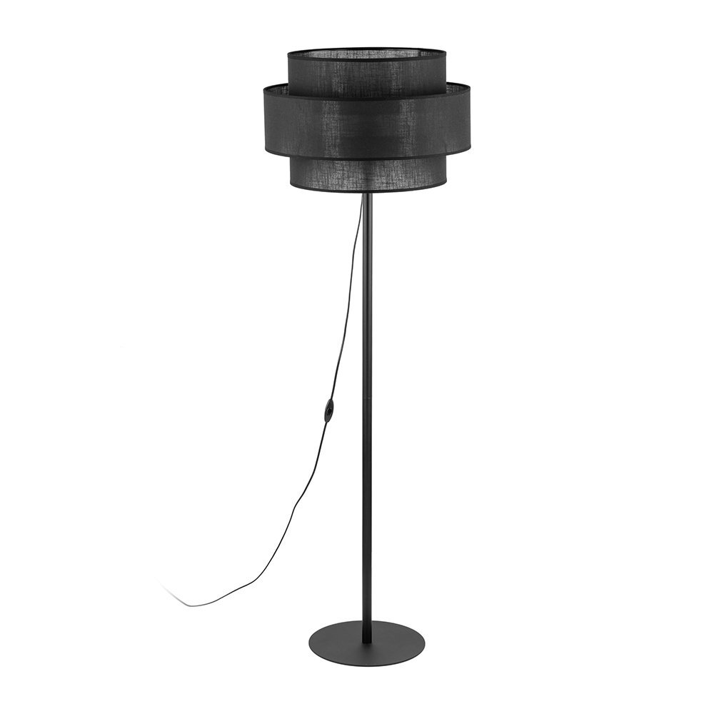 Czarna lampa podłogowa z metalowym stelażem i abażurem, wyposażona w przewód z włącznikiem. Lampa ma nowoczesny design i jest przeznaczona do żarówek E27 LED do 15W.