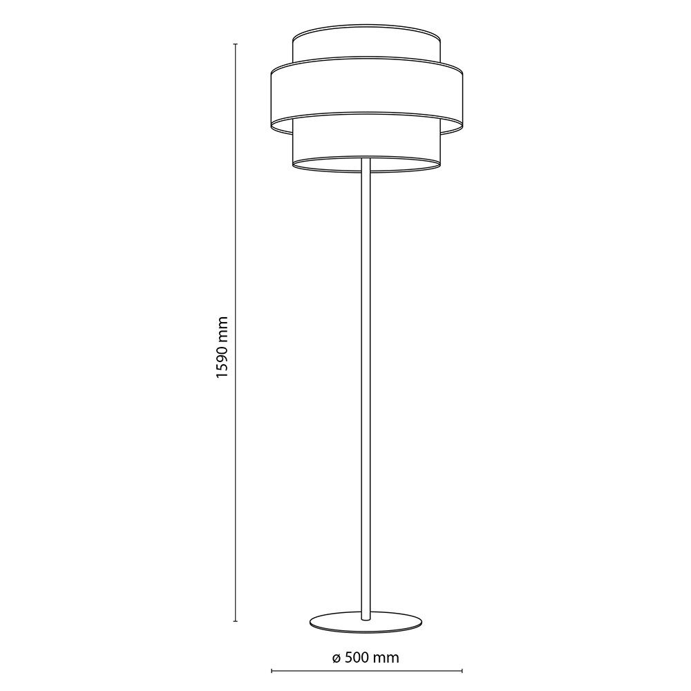 Schematyczny rysunek lampy podłogowej z abażurem, o wysokości 1590 mm i średnicy podstawy 500 mm. Lampa ma prostą konstrukcję z okrągłą podstawą i cylindrycznym abażurem.
