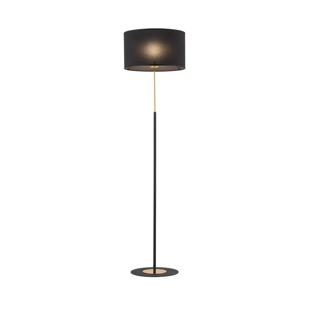 Czarna lampa podłogowa z okrągłym abażurem i złotymi elementami. Posiada prostą, smukłą konstrukcję z okrągłą podstawą.