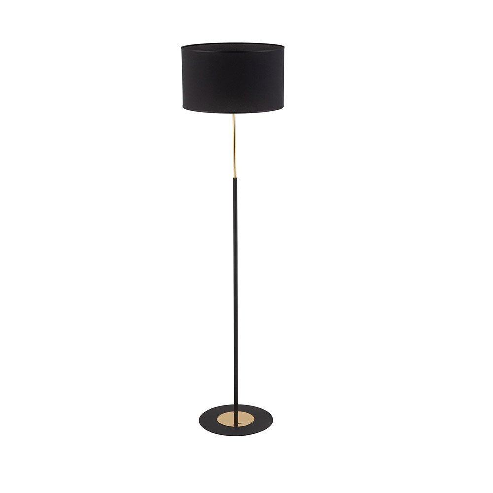 Czarna lampa podłogowa z okrągłym abażurem i złotymi akcentami na podstawie oraz trzonie. Lampa ma nowoczesny design i jest wyposażona w włącznik sznurkowy.