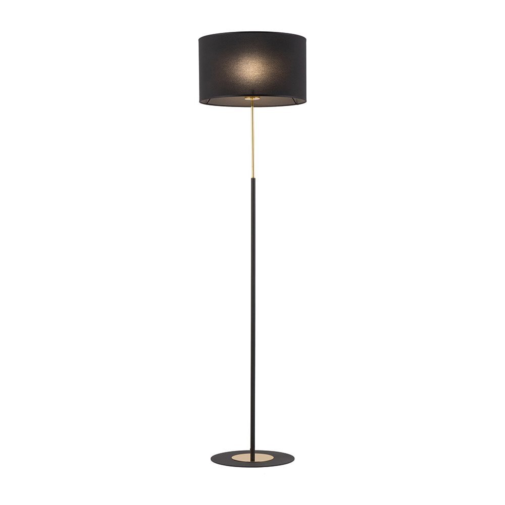 Czarna lampa podłogowa z okrągłym abażurem i złotymi elementami. Posiada prostą, nowoczesną konstrukcję z włącznikiem sznurkowym.