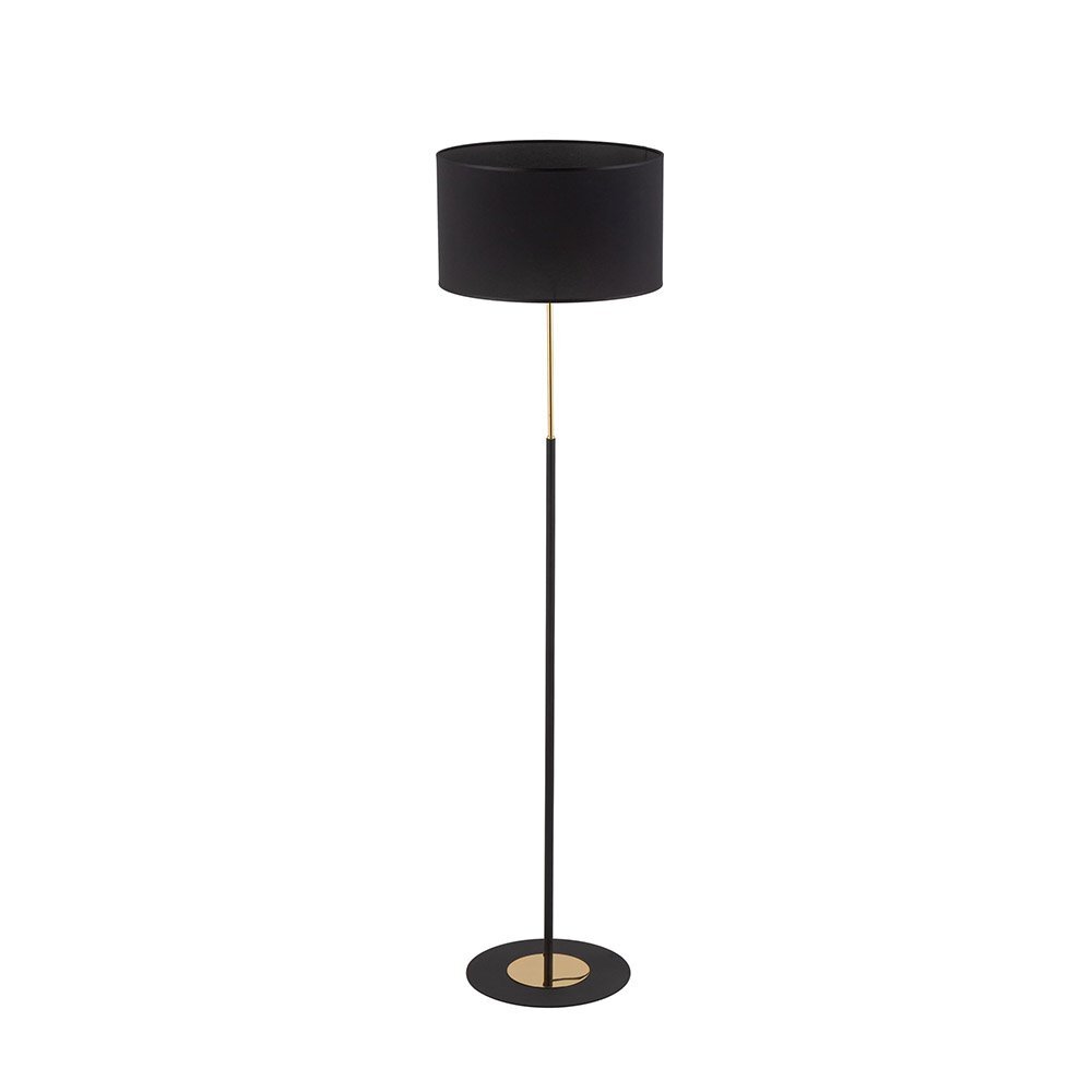 Czarna lampa podłogowa z okrągłym abażurem i złotymi elementami na podstawie oraz trzonie. Lampa ma nowoczesny design i włącznik sznurkowy.