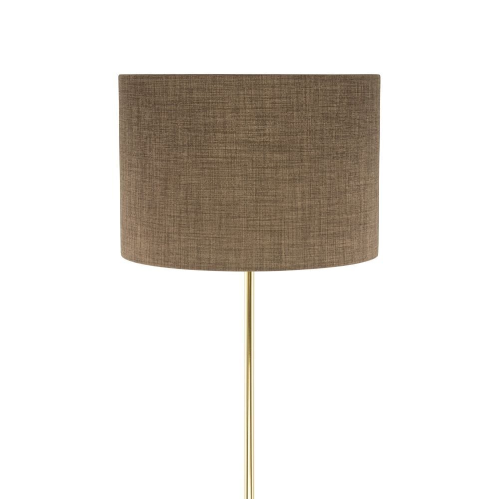 Lampa podłogowa z brązowym abażurem o cylindrycznym kształcie i złotym stelażu. Produkt ma nowoczesny design.