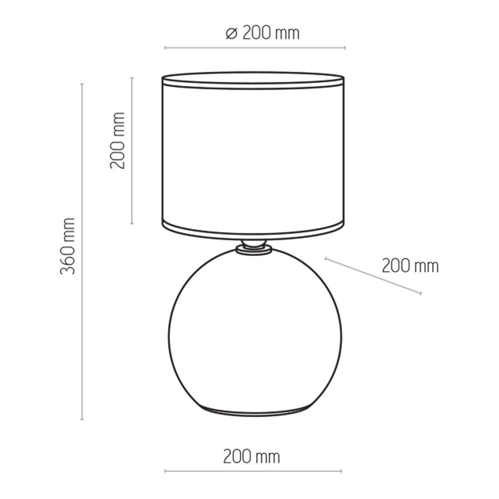 Schemat lampki nocnej z okrągłą podstawą i cylindrycznym abażurem. Wymiary: wysokość 360 mm, średnica abażura 200 mm, wysokość abażura 200 mm, średnica podstawy 200 mm.