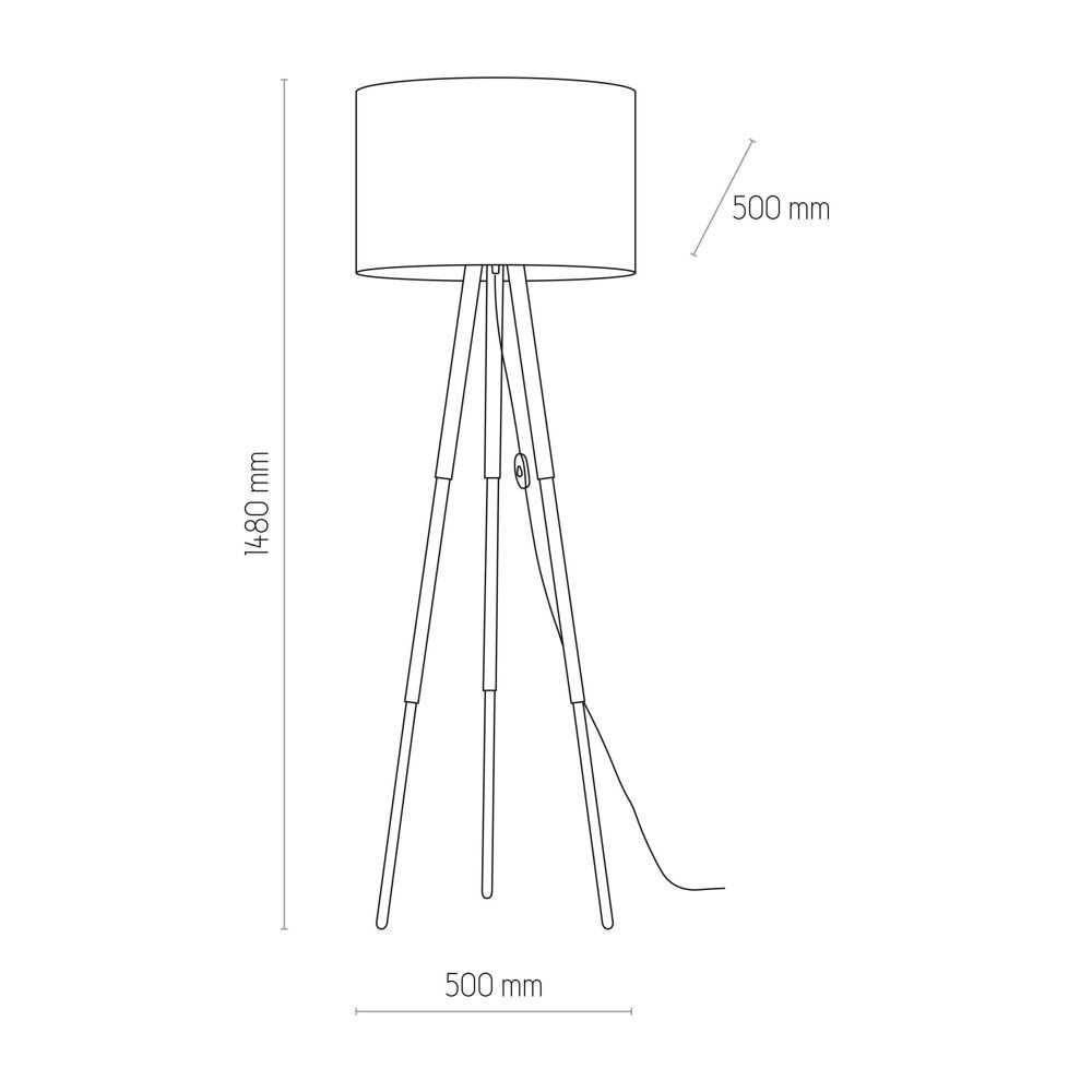 Schematyczny rysunek lampy podłogowej z trzema nogami i cylindrycznym abażurem. Wymiary: wysokość 1480 mm, średnica abażura 500 mm.