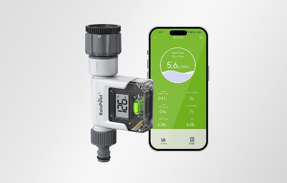 Miernik Cyfrowy przepływu wody RAINPOINT HCS008FRF, statystyki, wykresy, zużycie wody, analiza, RainPoint inteligentny licznik wody z wyświetlaczem LCD obok smartfona z uruchomioną aplikacją mobilną.