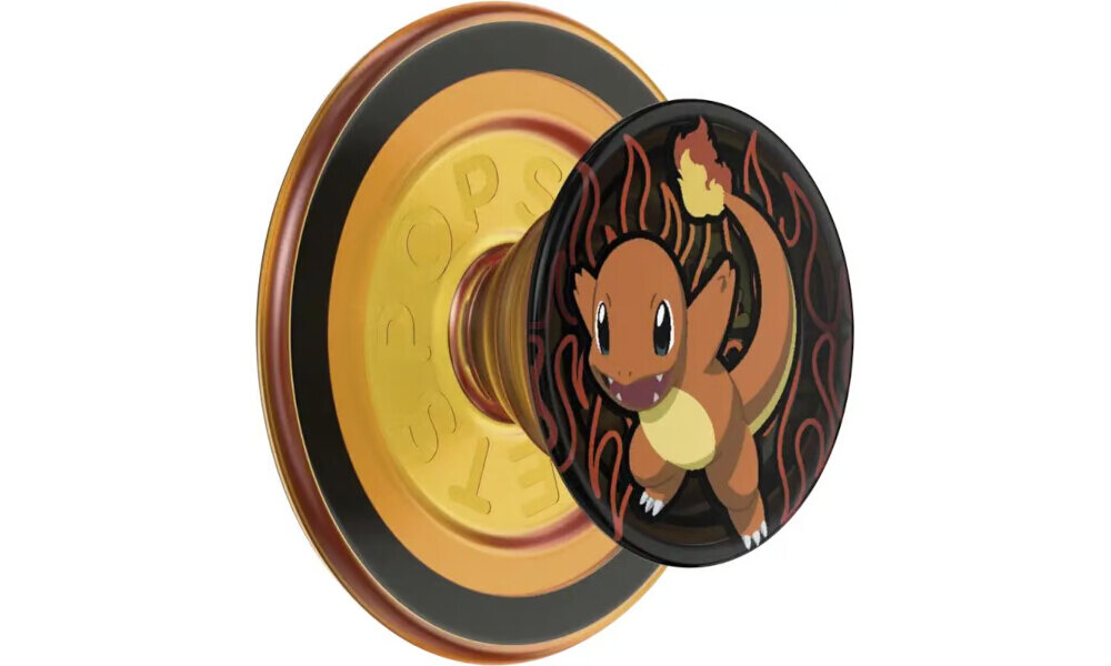 Uchwyt i podstawka do telefonu z motywem postaci przypominającej smoka na tle płomieni. Na złotej części widoczny jest napis \'POPSOCKETS\'.